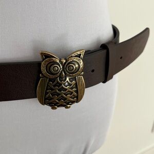 AEROPOSTALE Belt  Owl Buckle Brass Tone Metal Faux Brown Leather Whimsical